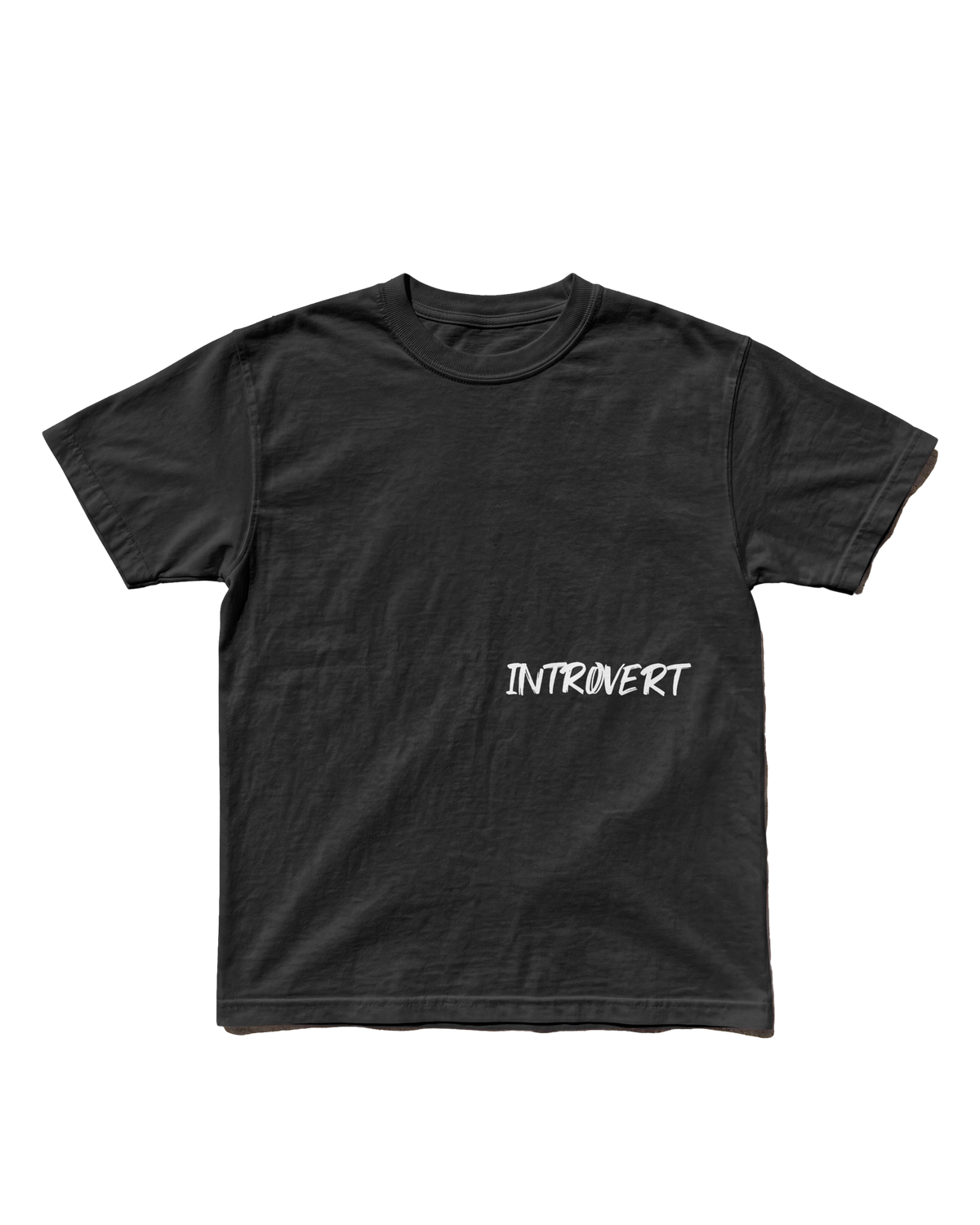 A black short-sleeve crewneck t-shirt with the word 'INTRONERT' printed in a stylized white font on the chest, displayed flat against a solid white background.