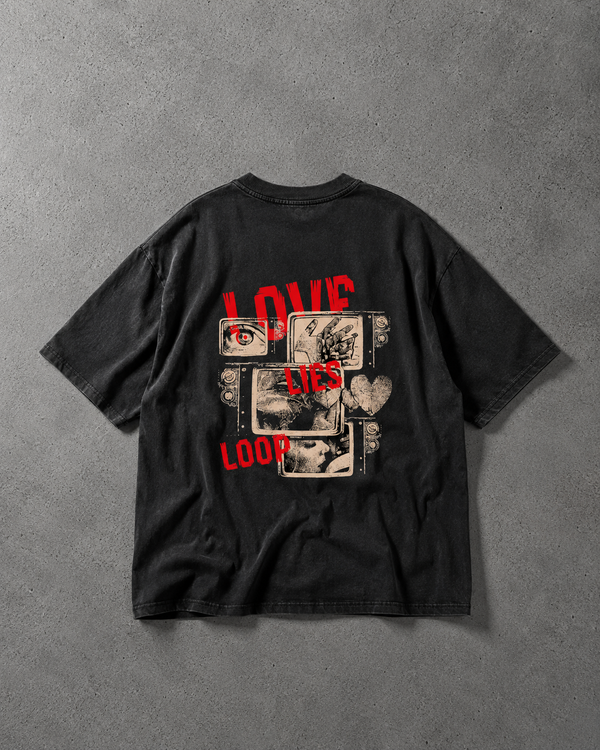 Black t-shirt with graphic design and text on a gray background
