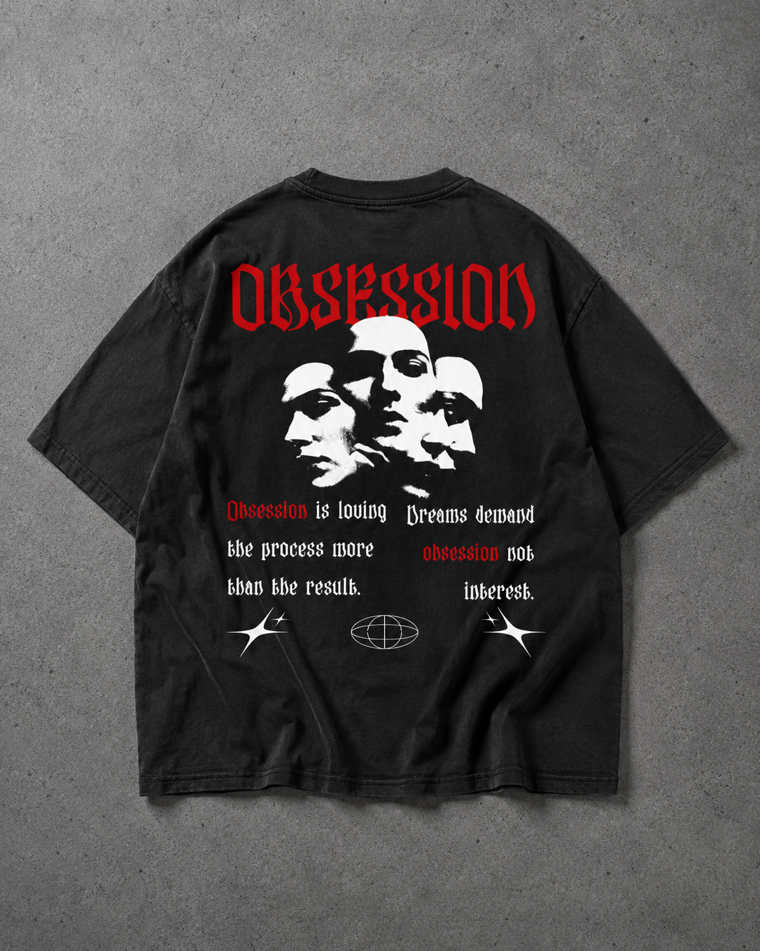 Black t-shirt with graphic design and text on a gray background
