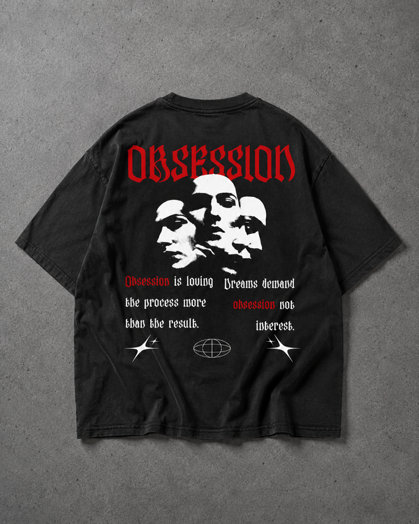 Black t-shirt with graphic design and text on a gray background